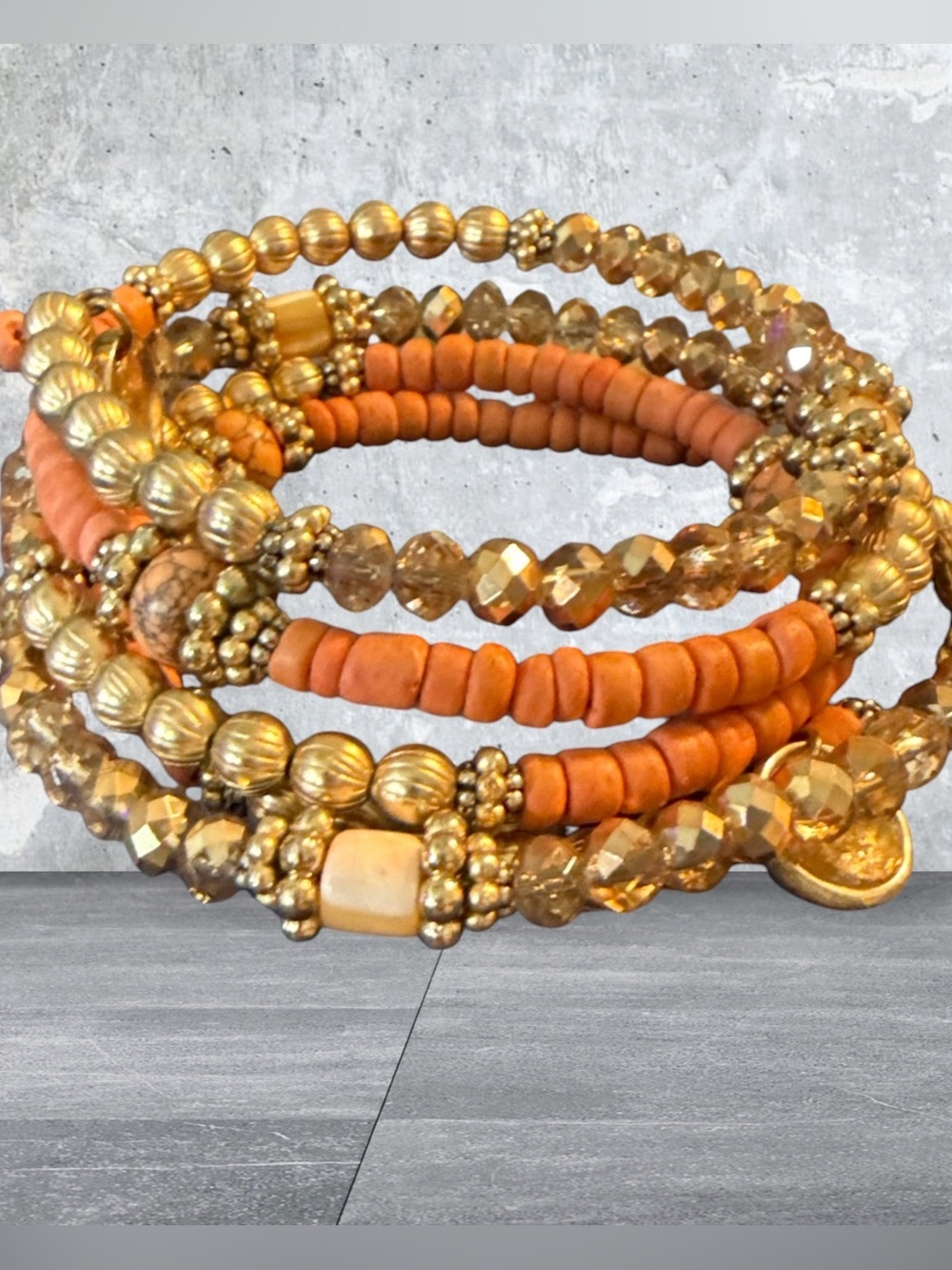 Boutique Peach & Gold MultiLayer Wrap Bracelet | Boho Stretch Beaded Charm Brace
